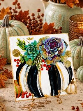 Hand Crafted Courtly Stripe Pumpkin Ceramic Coaster Stone Black 4”